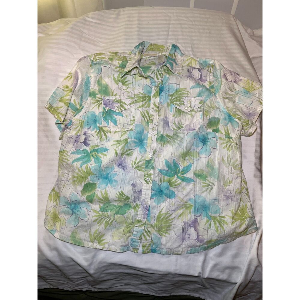 Alfred Dunner Womens 20W Floral Button Up Blouse Short Sleeve Top Plus